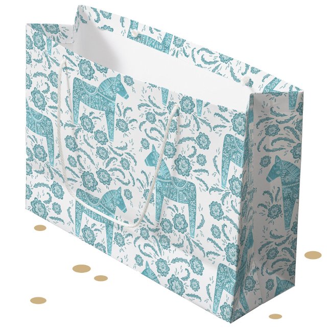 Swedish Dala Horse Teal and White Large Gift Bag (Swedish Dala Horse folk art pattern teal green and white large gift bag)