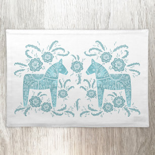 Swedish Dala Horse Teal Green and White Cloth Placemat