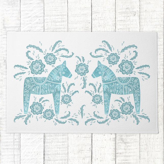 Swedish Dala Horse Teal Green and White Doormat (Swedish Dala Horse folk art teal and white doormat)