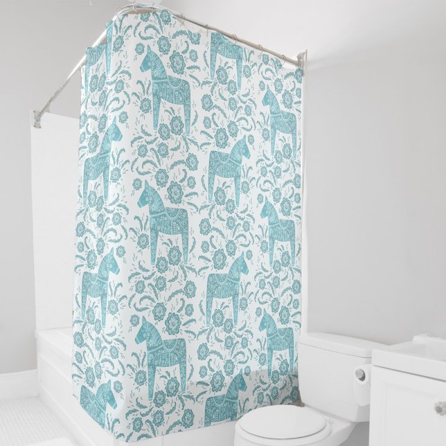 Swedish Dala Horse Teal Green and White Shower Curtain (Teal green and white Swedish Dala Horse folk art pattern shower curtain)