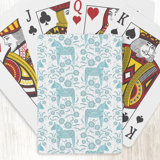 Swedish Dala Horse Teal Green Folk Art Playing Cards (Teal green and white Swedish Dala Horse art playing cards)