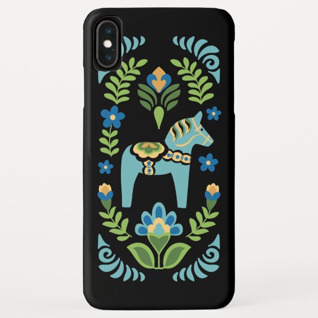 Swedish Dala Horse Teal on Black Cell Phone Case (Back)