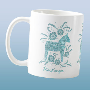 Swedish Dala Horse Teal Personalised Coffee Mug