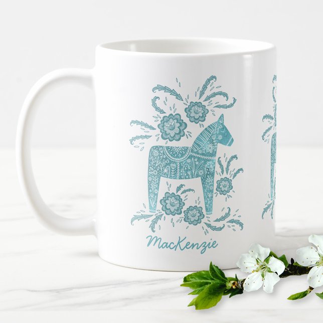 Swedish Dala Horse Teal Personalised Coffee Mug (Creator Uploaded)