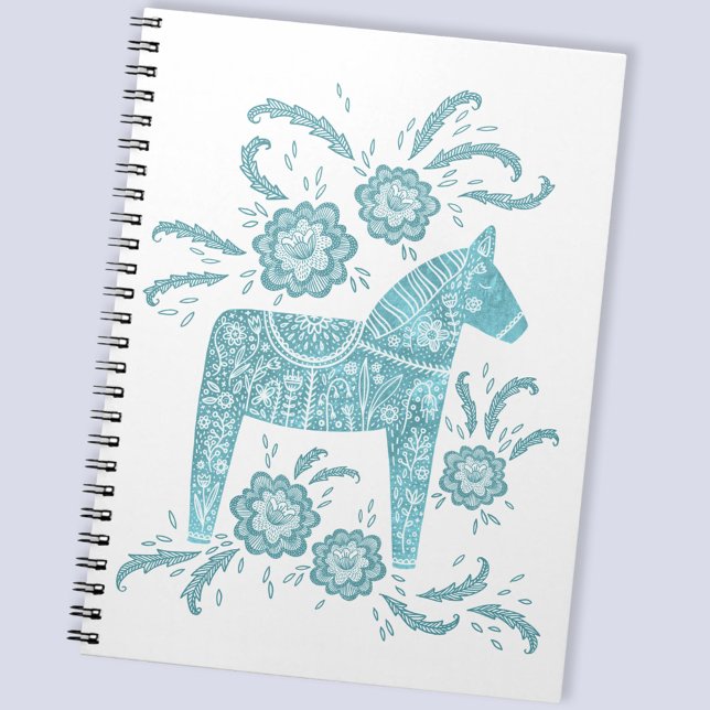 Swedish Dala Horse Teal & White Folk Art Notebook (Swedish Dala Horse folk art teal and white notebook)