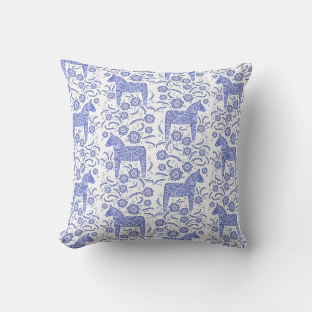 Swedish Dala Horse Traditional Folk Art Blue Cushion (Front)
