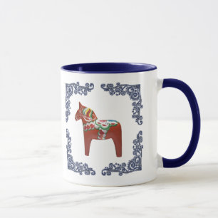 Swedish Dala Horse with Blue Delft Scrolled Frame Mug