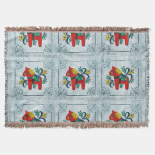 Swedish Dala Horse with Norwegian Rosemaling Throw Blanket