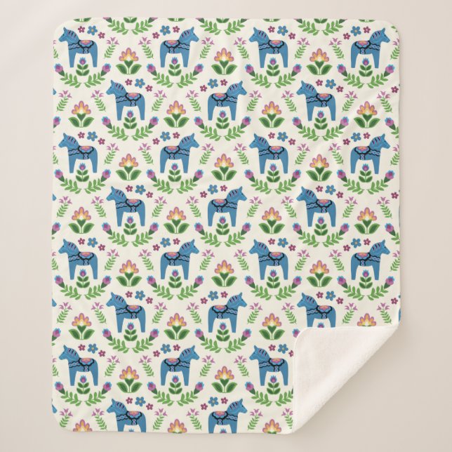 Swedish Dala Horses Blue Sherpa Blanket (Front)