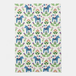 Swedish Dala Horses Blue Tea Towel