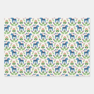 Swedish Dala Horses Blue Wrapping Paper Sheet