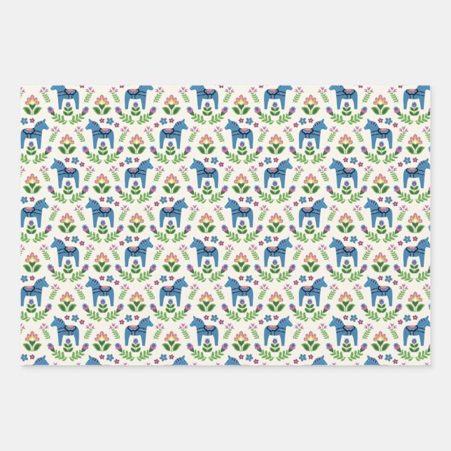 Swedish Dala Horses Blue Wrapping Paper Sheet (Front)