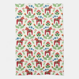 Swedish Dala Horses Red Tea Towel