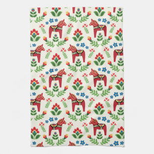 Swedish Dala Horses Red Tea Towel
