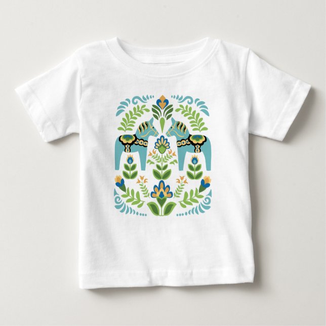 Swedish Dala Horses Teal Baby T-Shirt (Front)