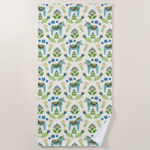 Swedish Dala Horses Teal Beach Towel