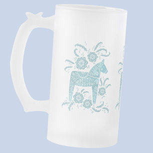 Swedish Dala Horses Teal Green and White Frosted Glass Beer Mug