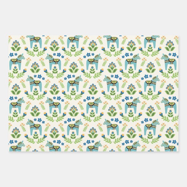 Swedish Dala Horses Teal  Wrapping Paper Sheet (Front)