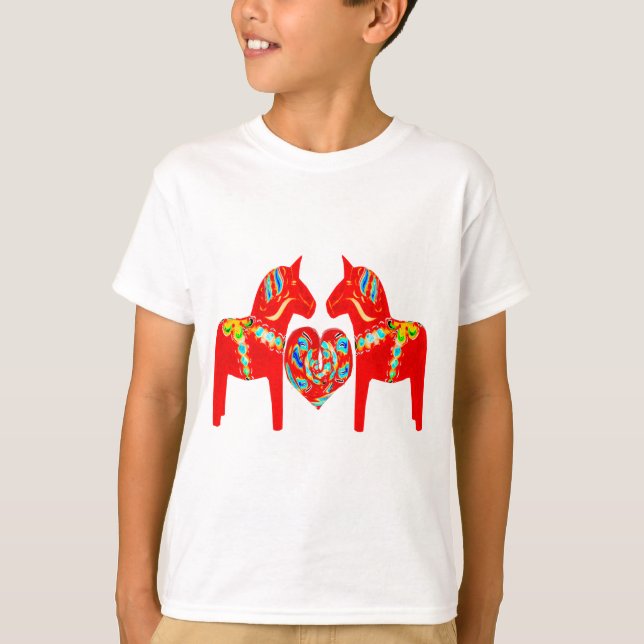 Swedish Dala Horses w Heart T-Shirt (Front)
