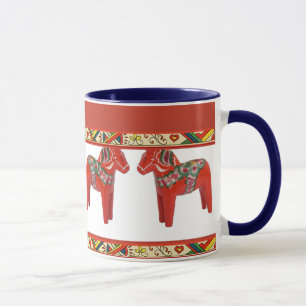 Swedish Dala Horses with Christmas Folk Art Border Mug