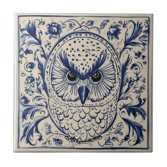  Swedish Dala owl Blue and White nouveau Ceramic Tile (Front)