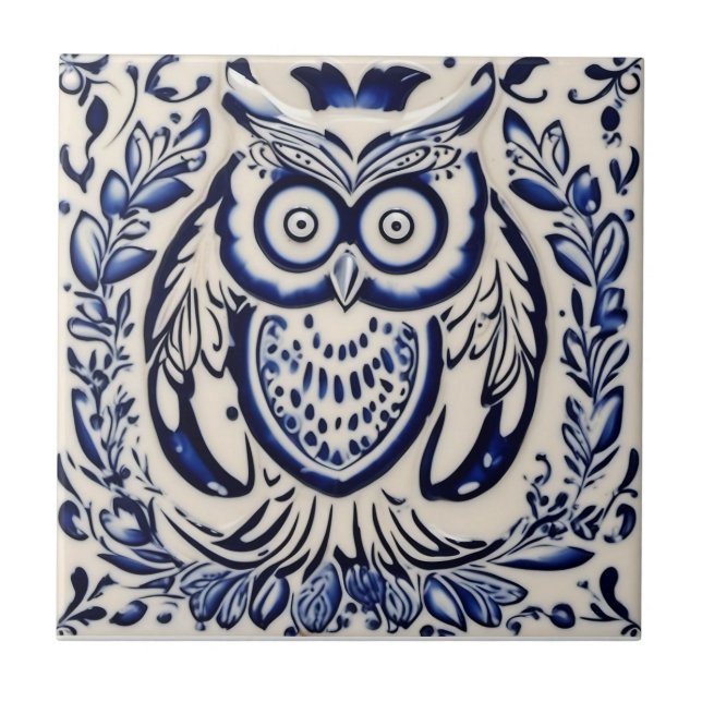 Swedish Dala owl Blue and White nouveau Ceramic Tile (Front)