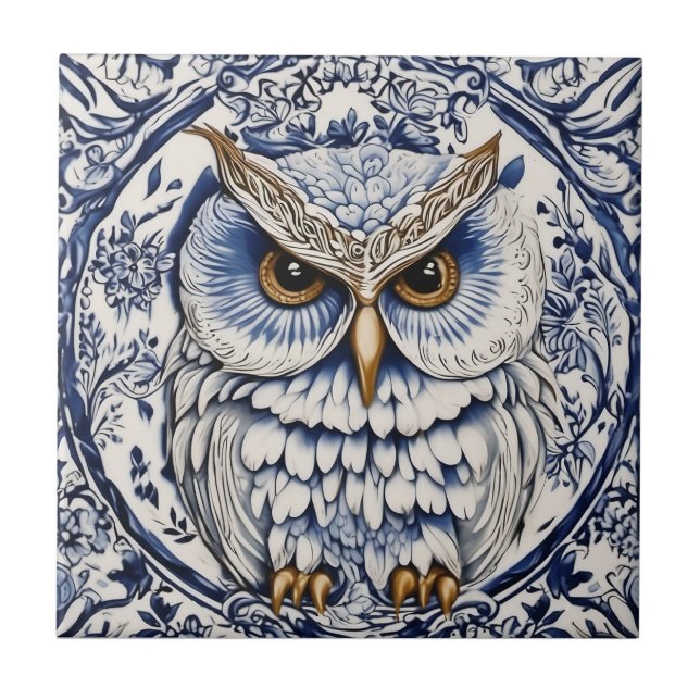  Swedish Dala owl Blue and White nouveau Ceramic Tile (Front)