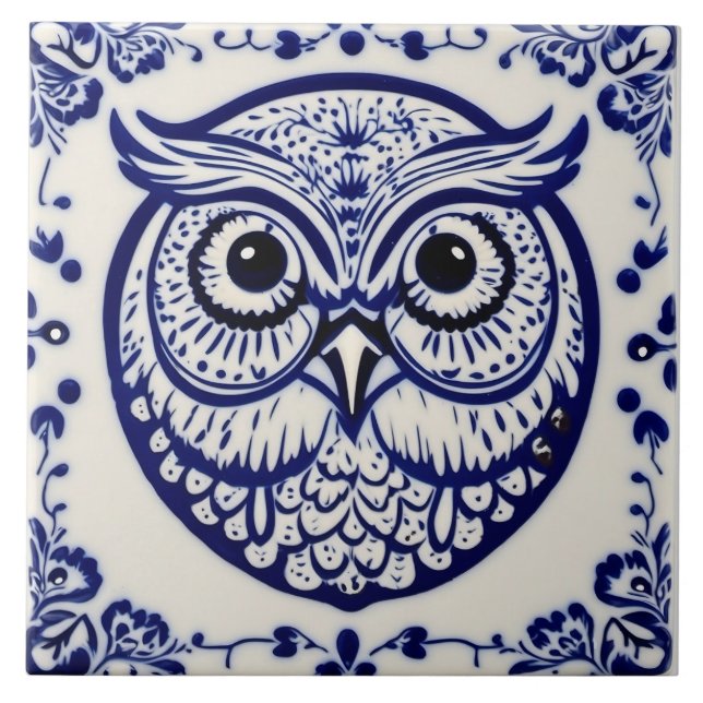 Swedish Dala owl Blue and White nouveau Ceramic Tile (Front)