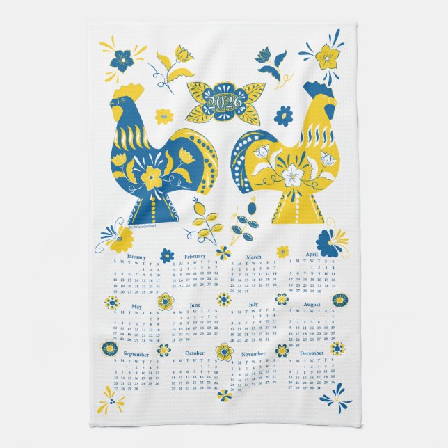 Swedish Dala Rooster 2026 Calendar Tea Towel (Vertical)