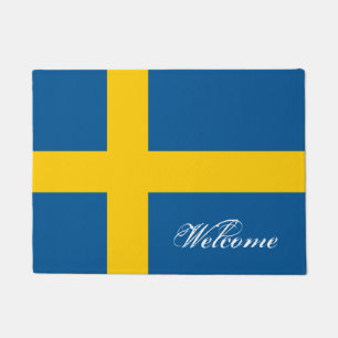 Swedish flag door mat with custom welcome text
