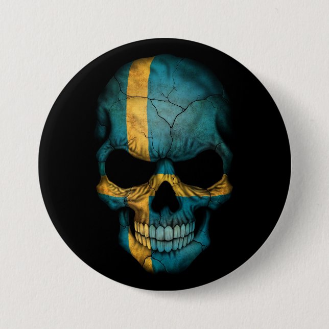 Swedish Flag Skull on Black 7.5 Cm Round Badge (Front)
