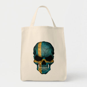 Swedish Flag Skull on Black Tote Bag