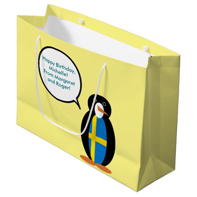Swedish Flag Talking Ms. Penguin Personalised  Large Gift Bag (Front Angled)