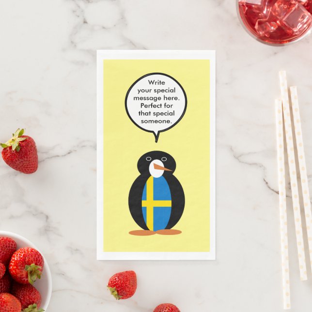 Swedish Flag Talking Ms. Penguin Personalised  Napkin (Insitu)