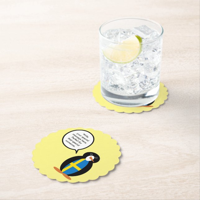 Swedish Flag Talking Ms. Penguin Personalised  Paper Coaster (Insitu)