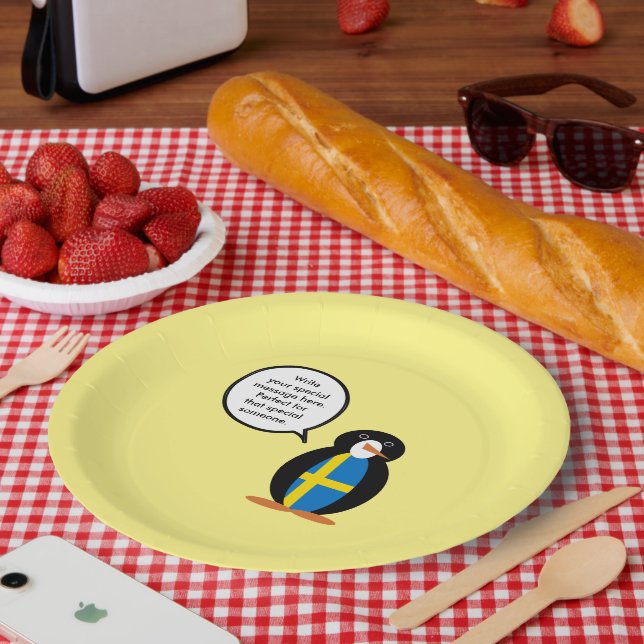 Swedish Flag Talking Ms. Penguin Personalised  Paper Plate (Picnic)