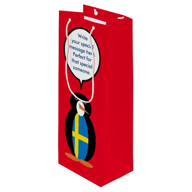 Swedish Flag Talking Ms. Penguin Personalised  Wine Gift Bag (Front Angled)