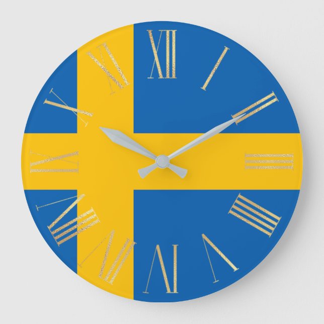 Swedish Flag with Gold Roman Numerals Large Clock (Front)
