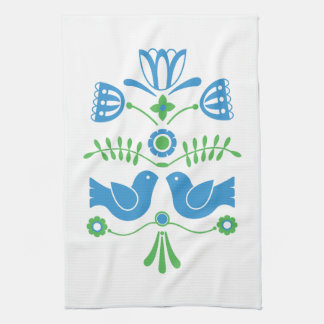 Swedish Folk Art Blue Birds and Flowers Tea Towel