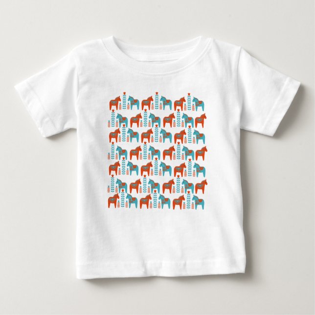 Swedish Folk Art Dola Horses and Flowers Pattern Baby T-Shirt (Front)