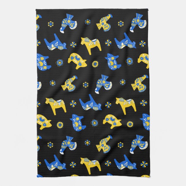 Swedish Folk Dala Farm Animals l Blue and Yellow Tea Towel (Vertical)
