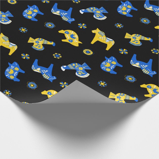 Swedish Folk Dala Farm Animals l Blue and Yellow Wrapping Paper (Corner)
