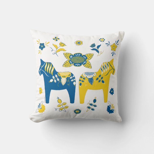 Swedish Folk Dala Horse l Blue and Yellow Cushion (Front)