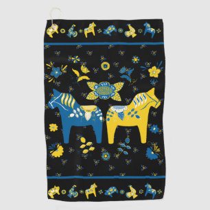 Swedish Folk Dala Horse l Blue and Yellow Golf Towel