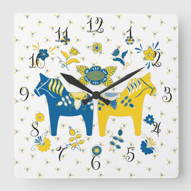Swedish Folk Dala Horse l Blue and Yellow Square Wall Clock (Front)