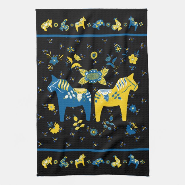 Swedish Folk Dala Horse l Blue and Yellow Tea Towel (Vertical)
