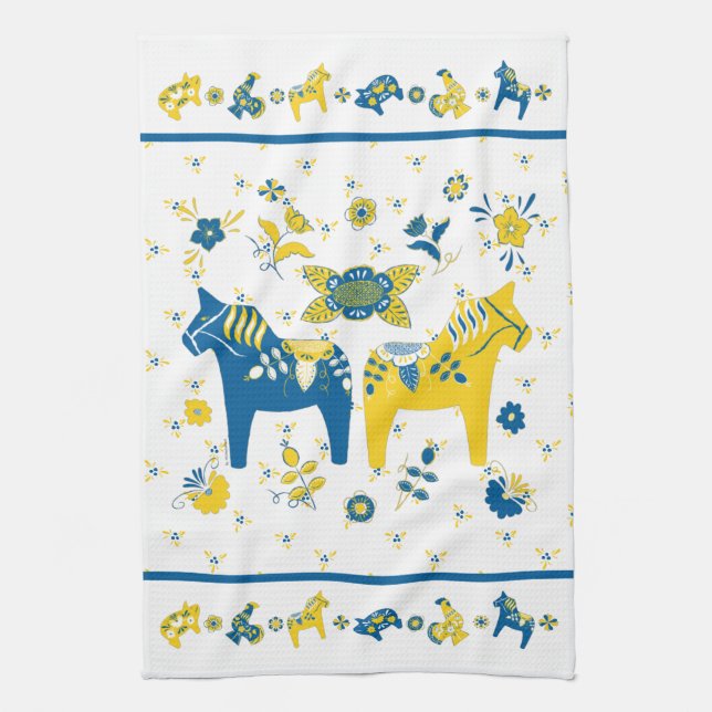 Swedish Folk Dala Horse l Blue and Yellow Tea Towel (Vertical)