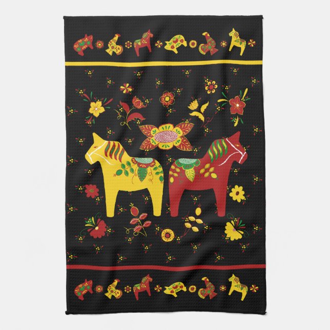 Swedish Folk Dala Horse l Red and Yellow Tea Towel (Vertical)