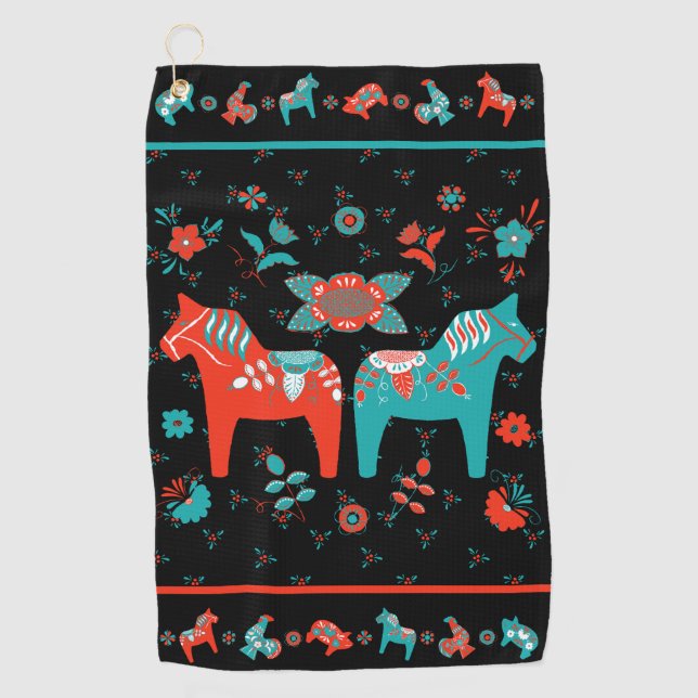 Swedish Folk Dala Horse l Teal and Red Golf Towel (Front)