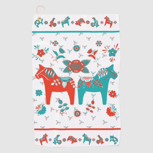 Swedish Folk Dala Horse l Teal and Red Golf Towel (Front)
